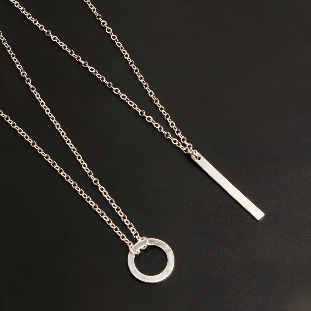 Silver round double Layered Chain Bar Pendant Necklace