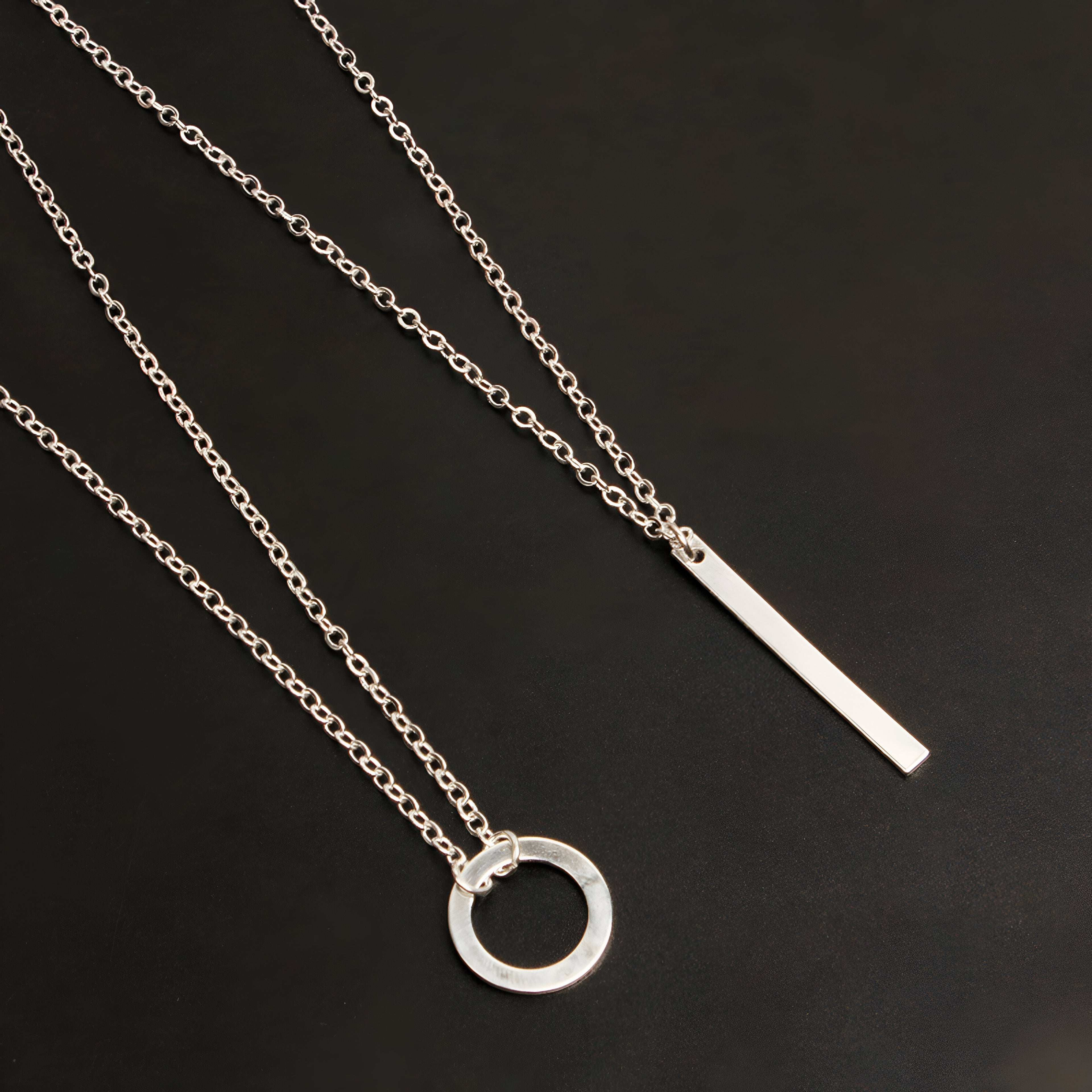 Silver round double Layered Chain Bar Pendant Necklace