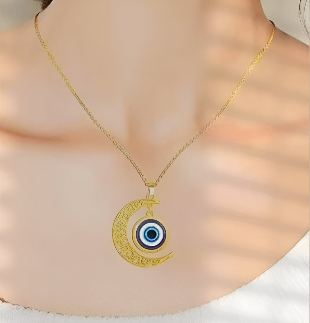 Gold Evil Eye Crescent Moon Pendant Necklace