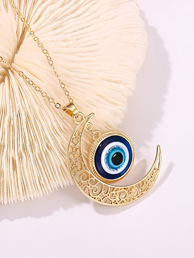 Gold Evil Eye Crescent Moon Pendant Necklace