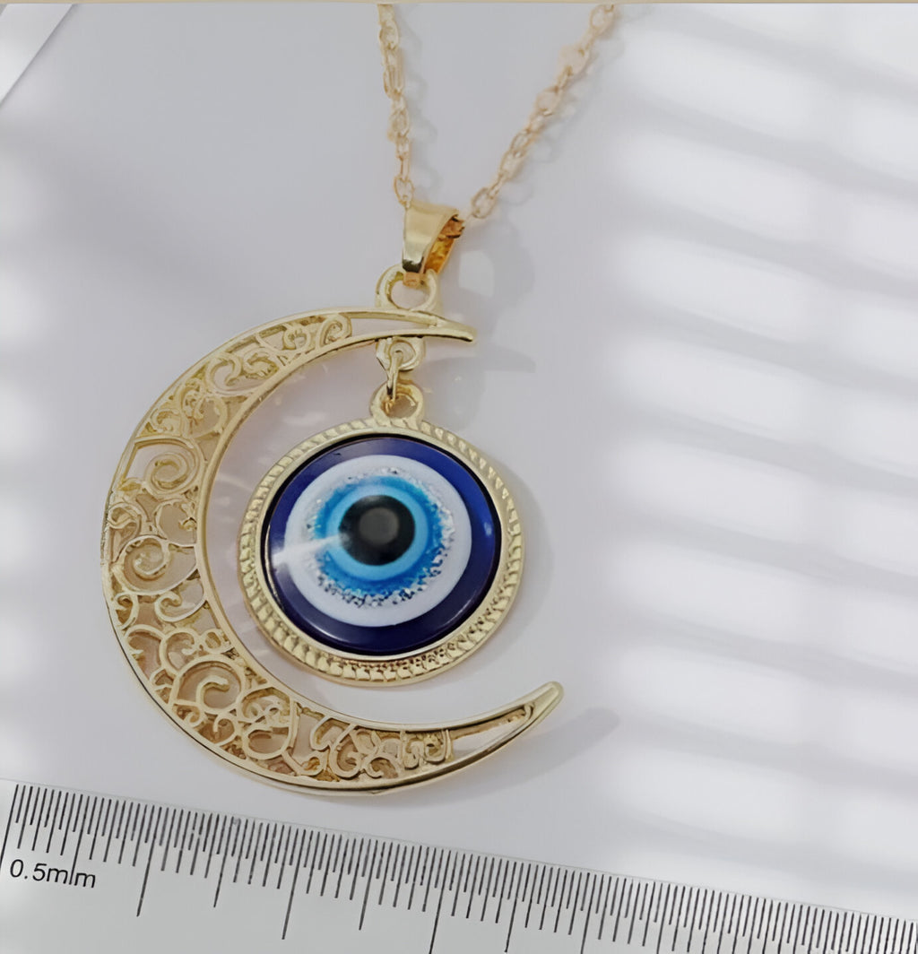 Gold Evil Eye Crescent Moon Pendant Necklace