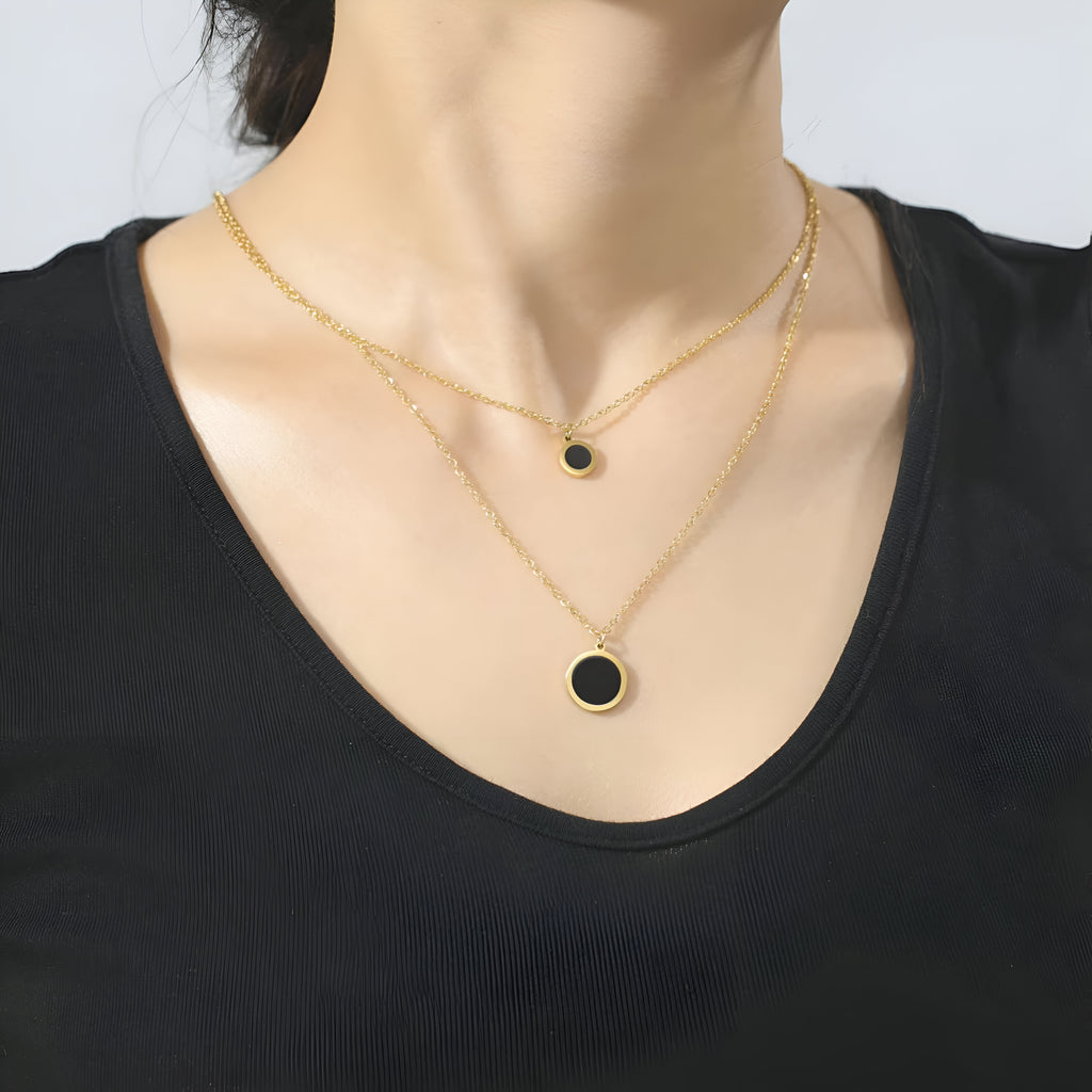 Gold Double-Layered Round Charm Necklace Set