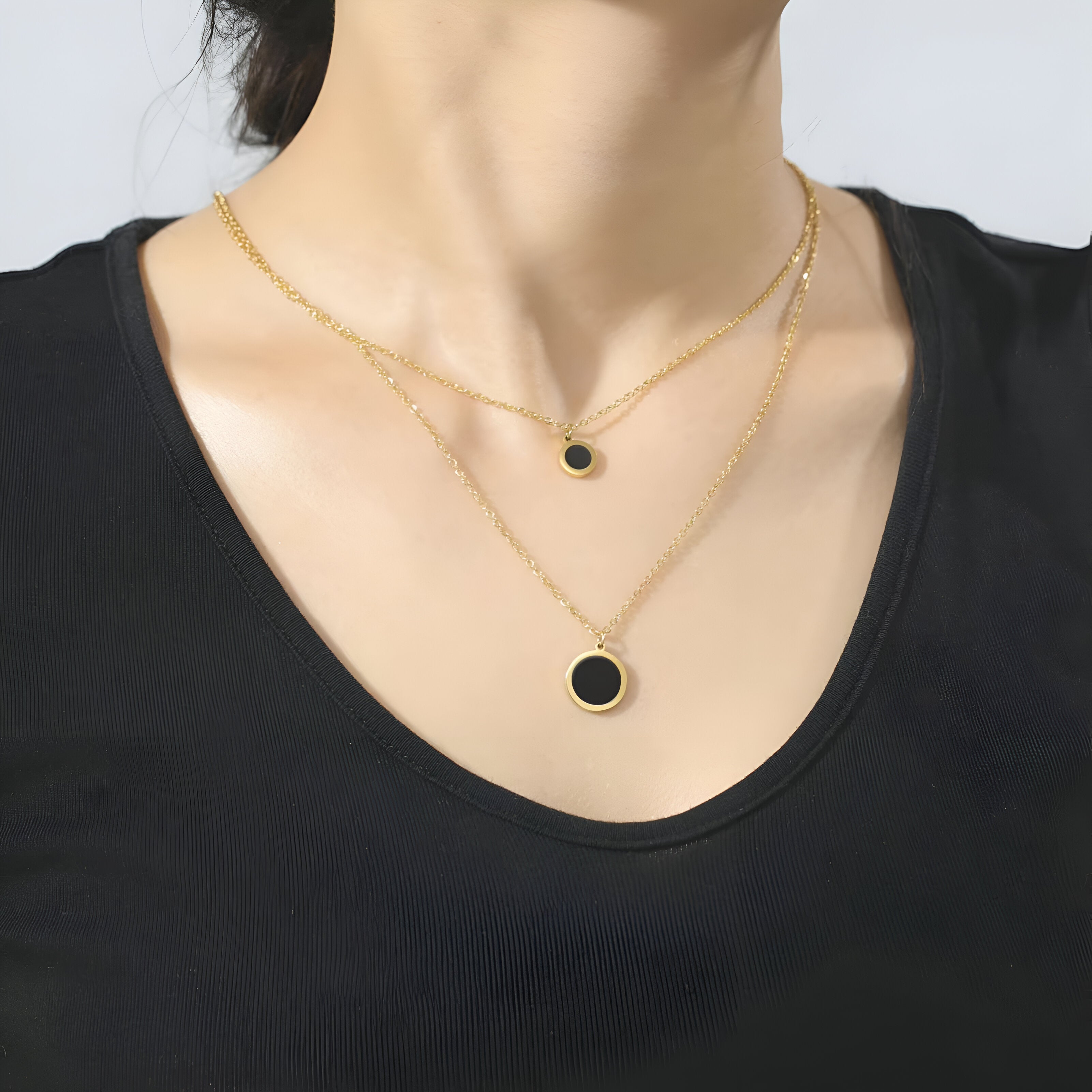 Gold Double-Layered Round Charm Necklace Set