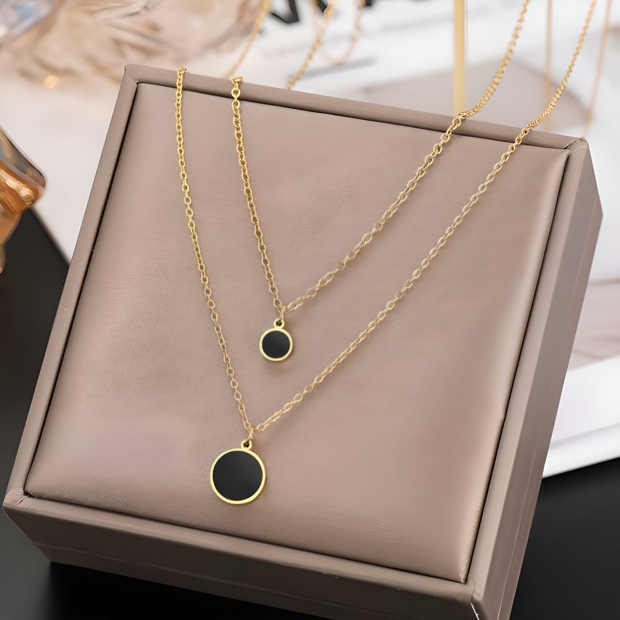 Gold Double-Layered Round Charm Necklace Set
