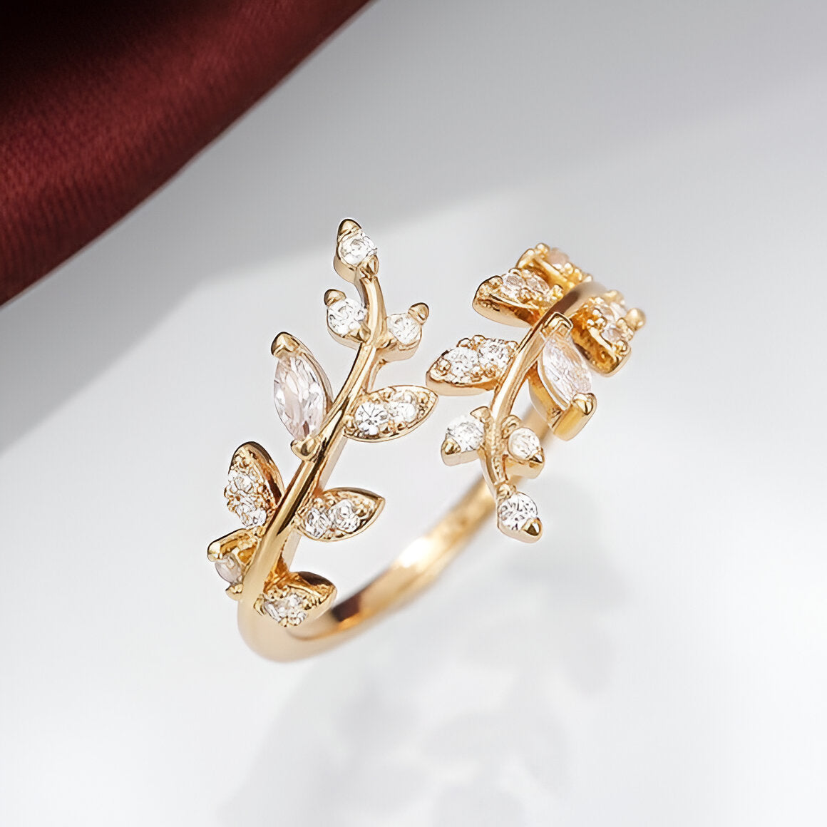 Crystal CZ Adjustable Open Branch Leaf Ring