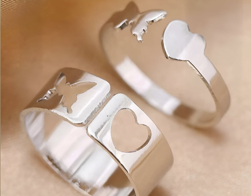 2 Stylish Silver-Plated Heart & Butterfly Couple Rings