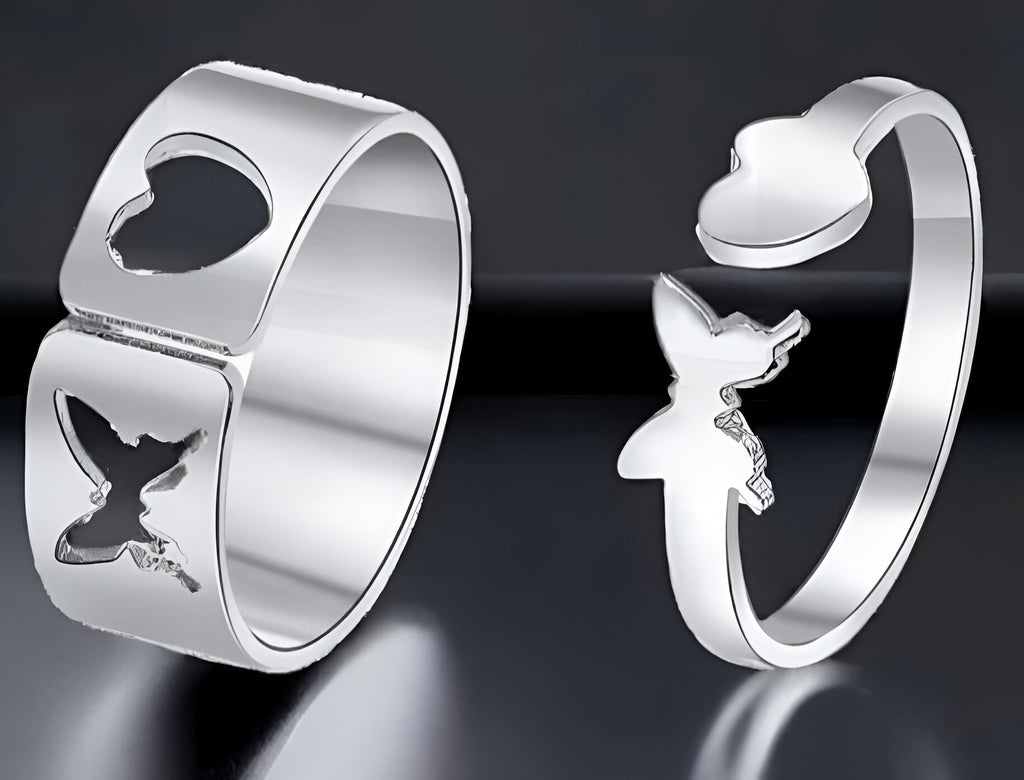 2 Stylish Silver-Plated Heart & Butterfly Couple Rings