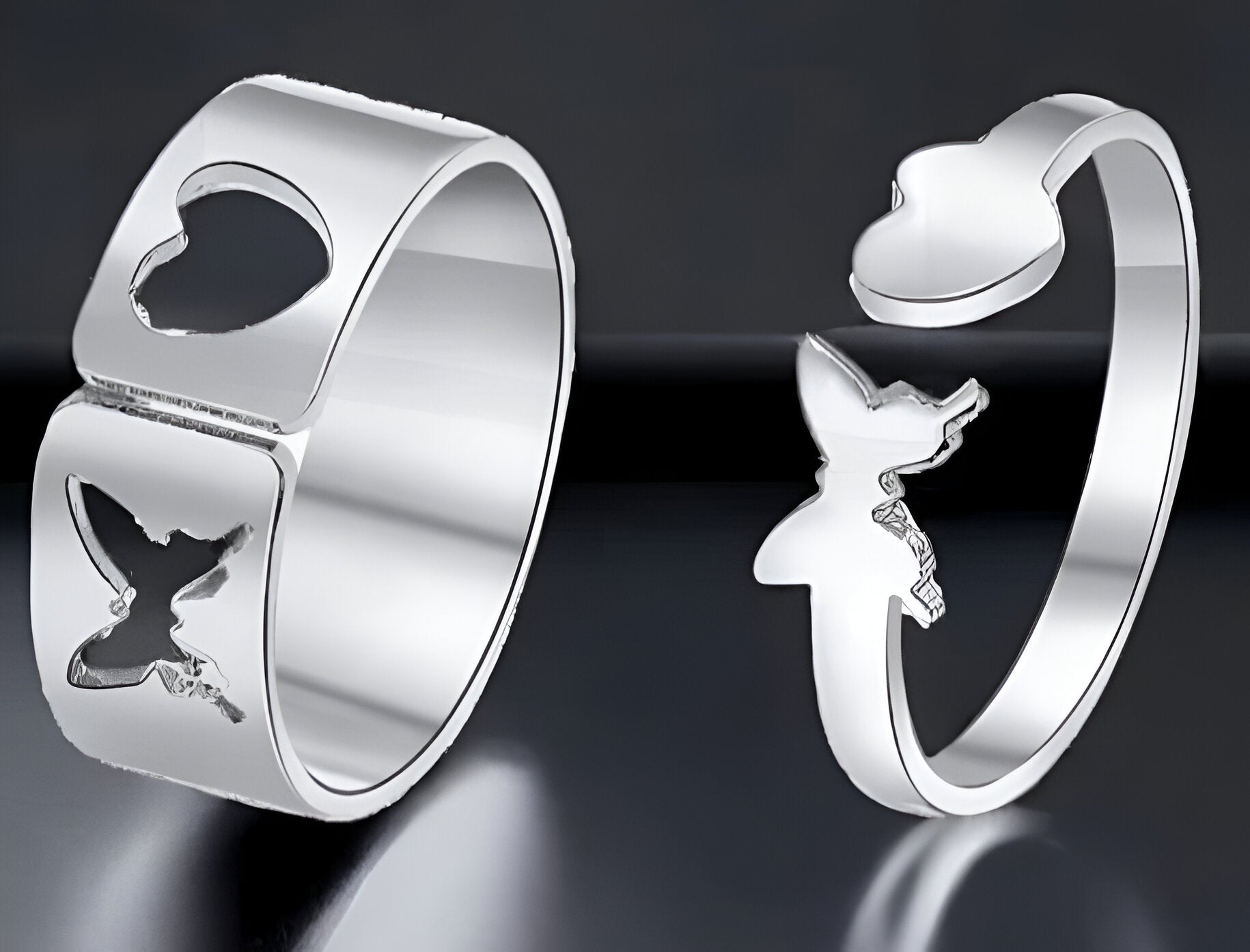 2 Stylish Silver-Plated Heart & Butterfly Couple Rings