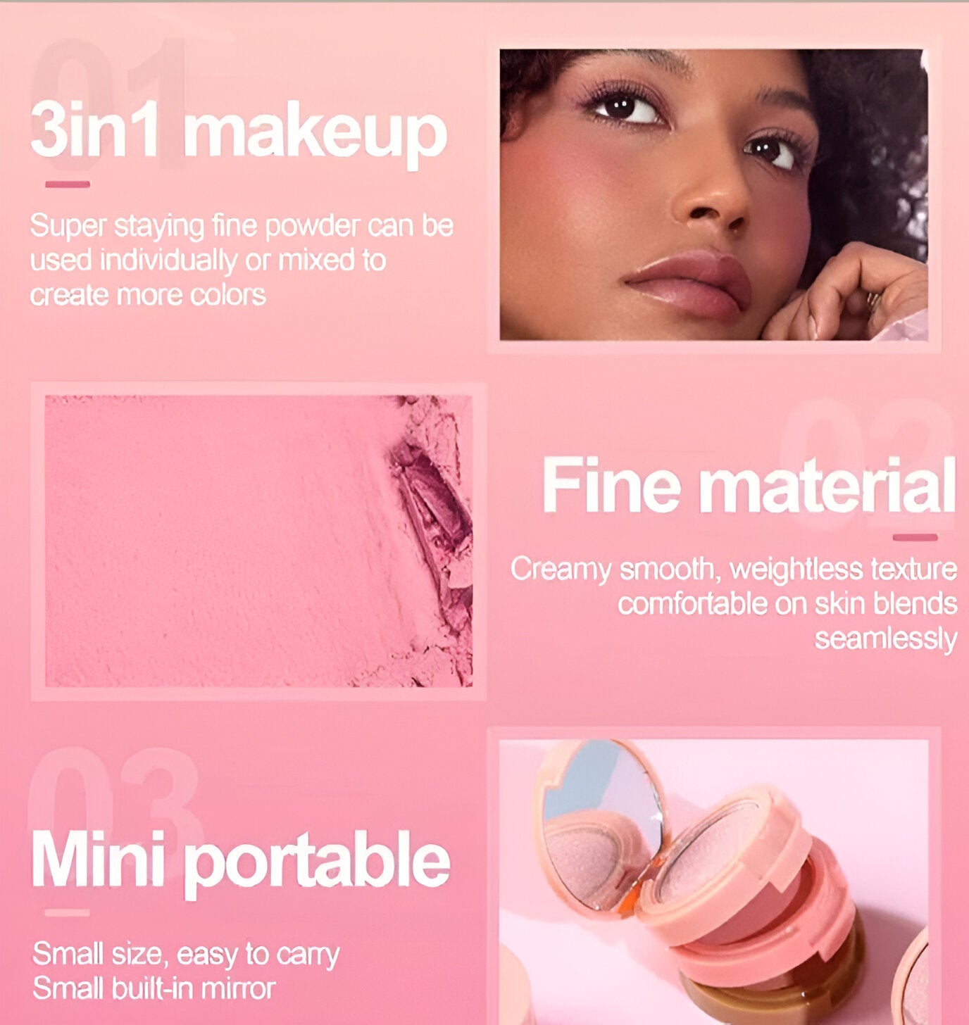 3-in-1 Blusher, Highlighter & Compact Palette - Travel Friendly