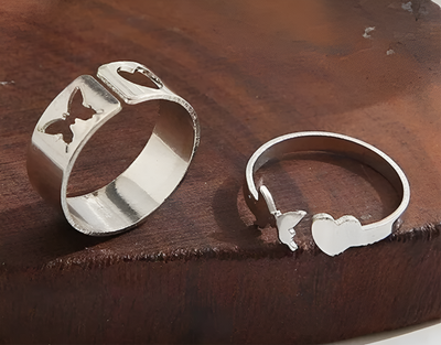 2 Stylish Silver-Plated Heart & Butterfly Couple Rings
