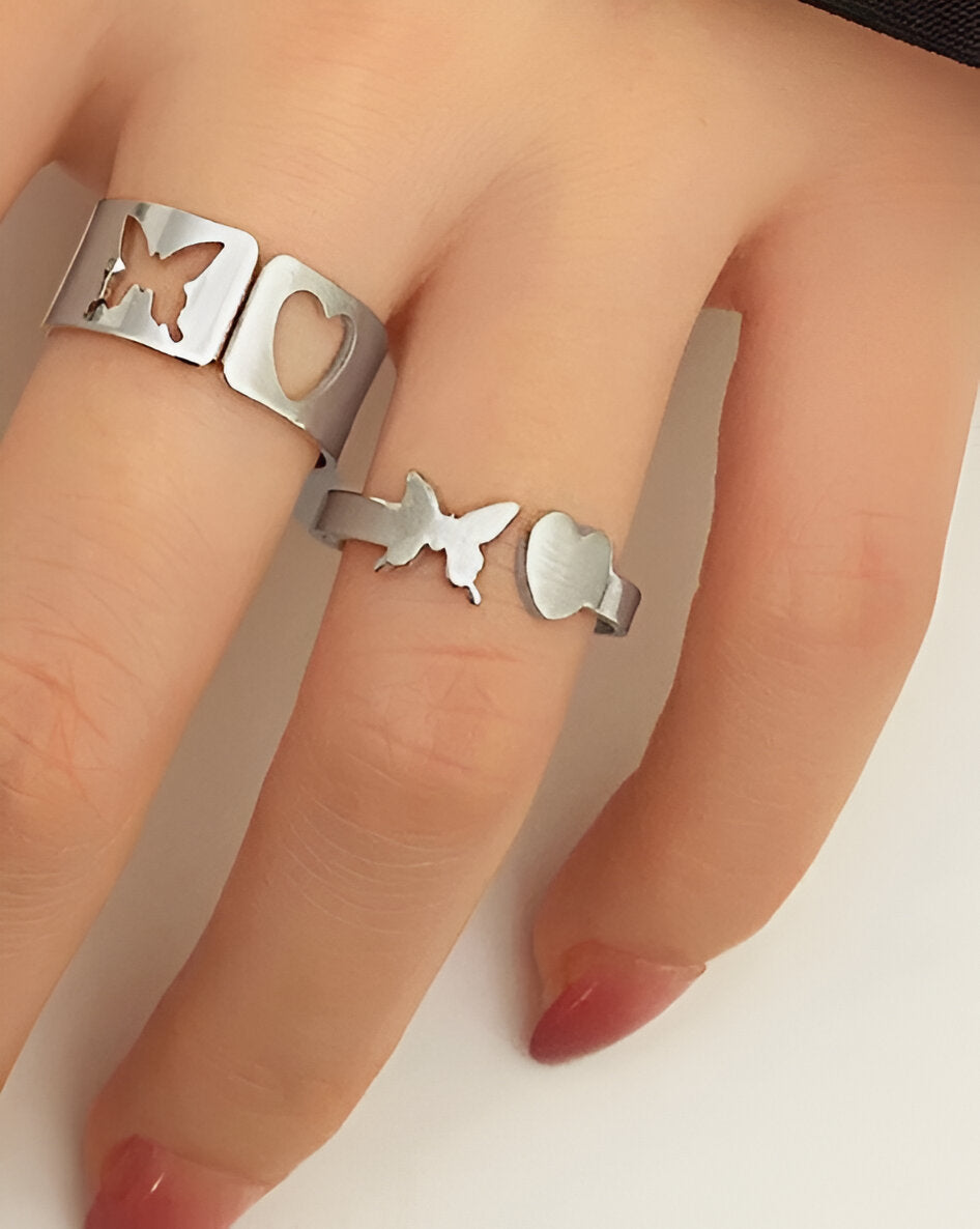2 Stylish Silver-Plated Heart & Butterfly Couple Rings