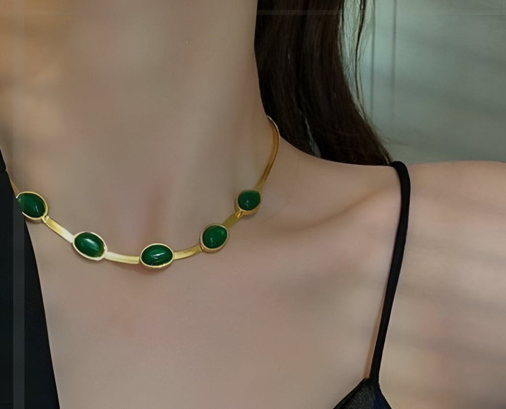 Oval Green Crystal Pendant Necklace Set With Bracelet