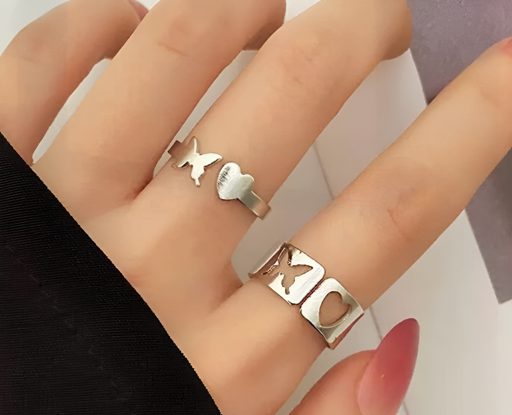 2 Stylish Silver-Plated Heart & Butterfly Couple Rings