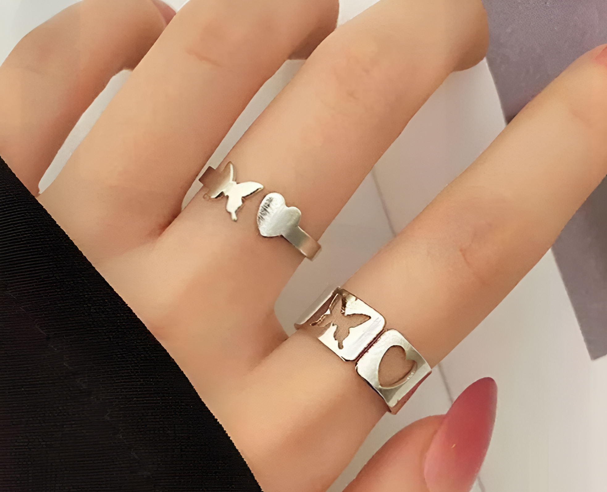 2 Stylish Silver-Plated Heart & Butterfly Couple Rings