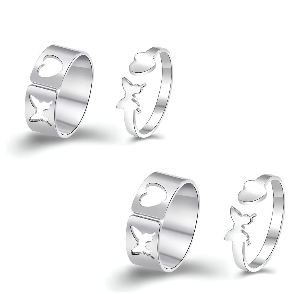 2 Stylish Silver-Plated Heart & Butterfly Couple Rings