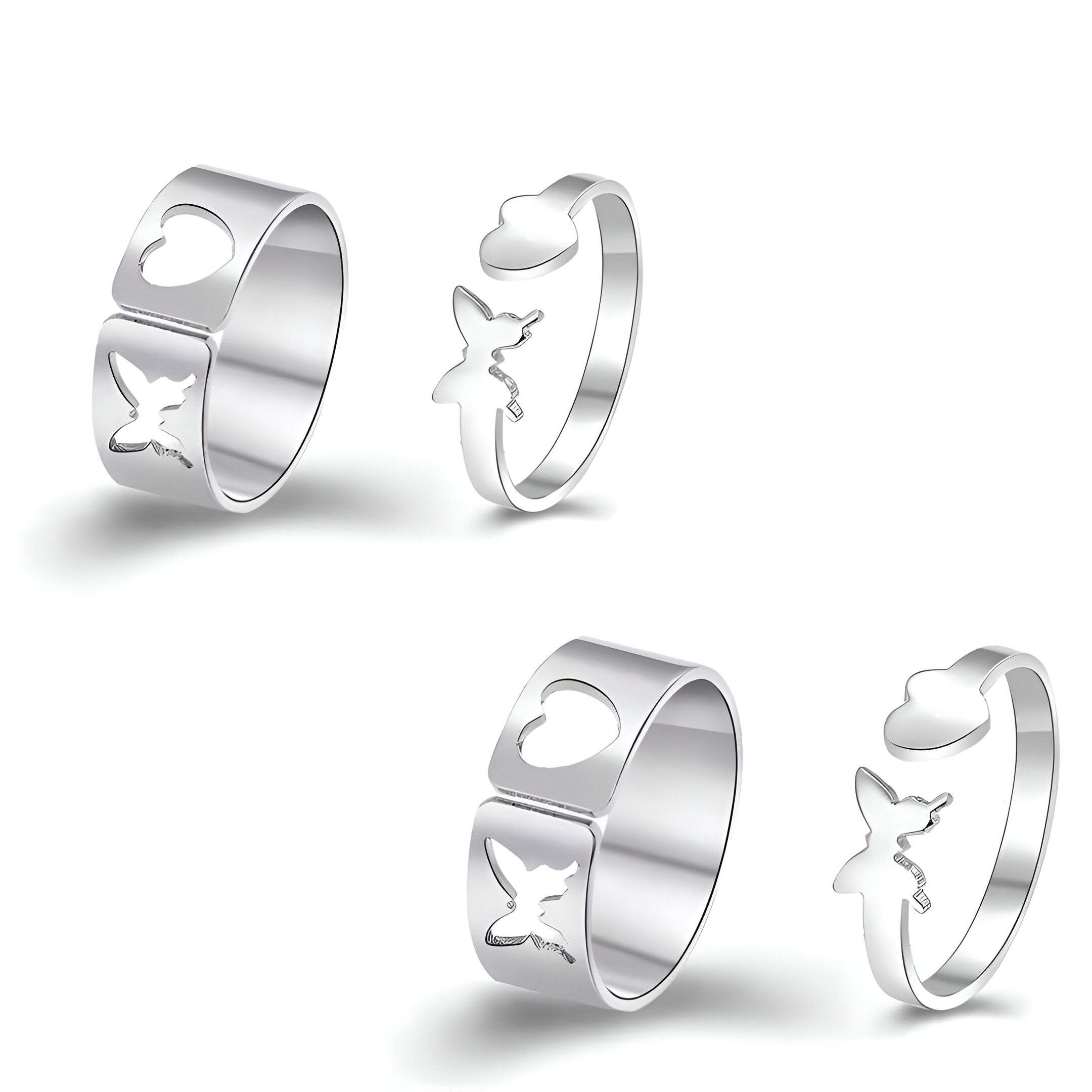 2 Stylish Silver-Plated Heart & Butterfly Couple Rings