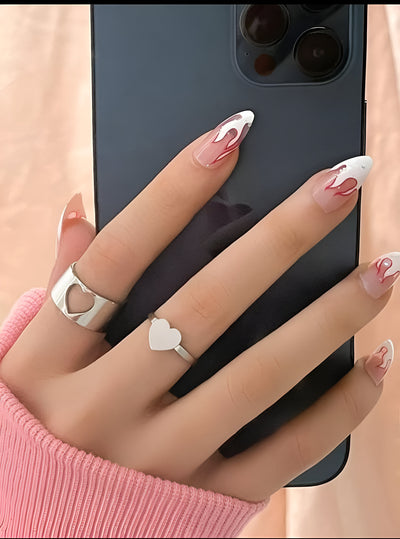 2 Elegant Silver-Plated Heart Couple Rings