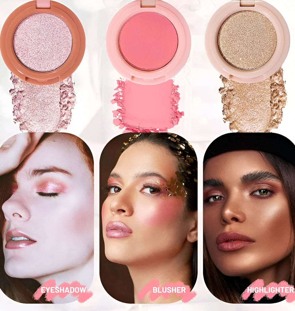 3-in-1 Blusher, Highlighter & Compact Palette - Travel Friendly