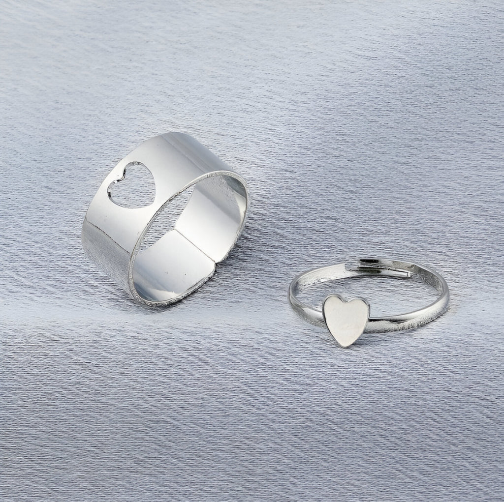 2 Elegant Silver-Plated Heart Couple Rings