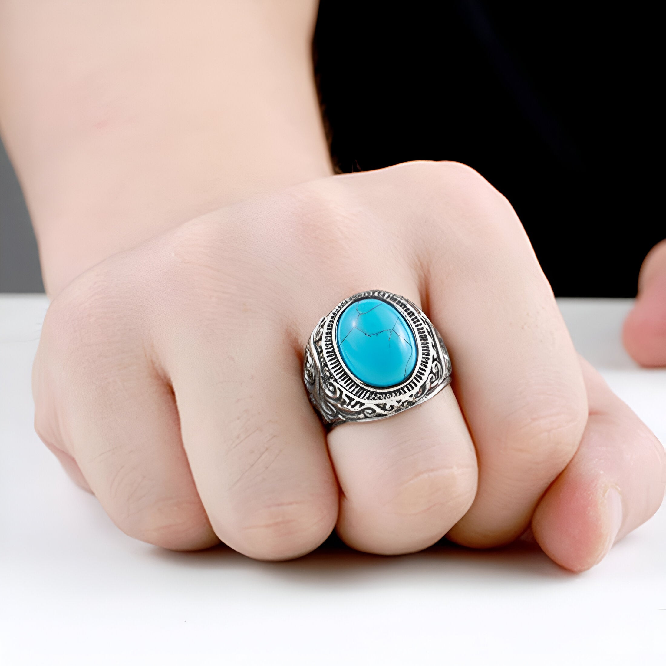 Blue Stone Studded Oxidized Ring