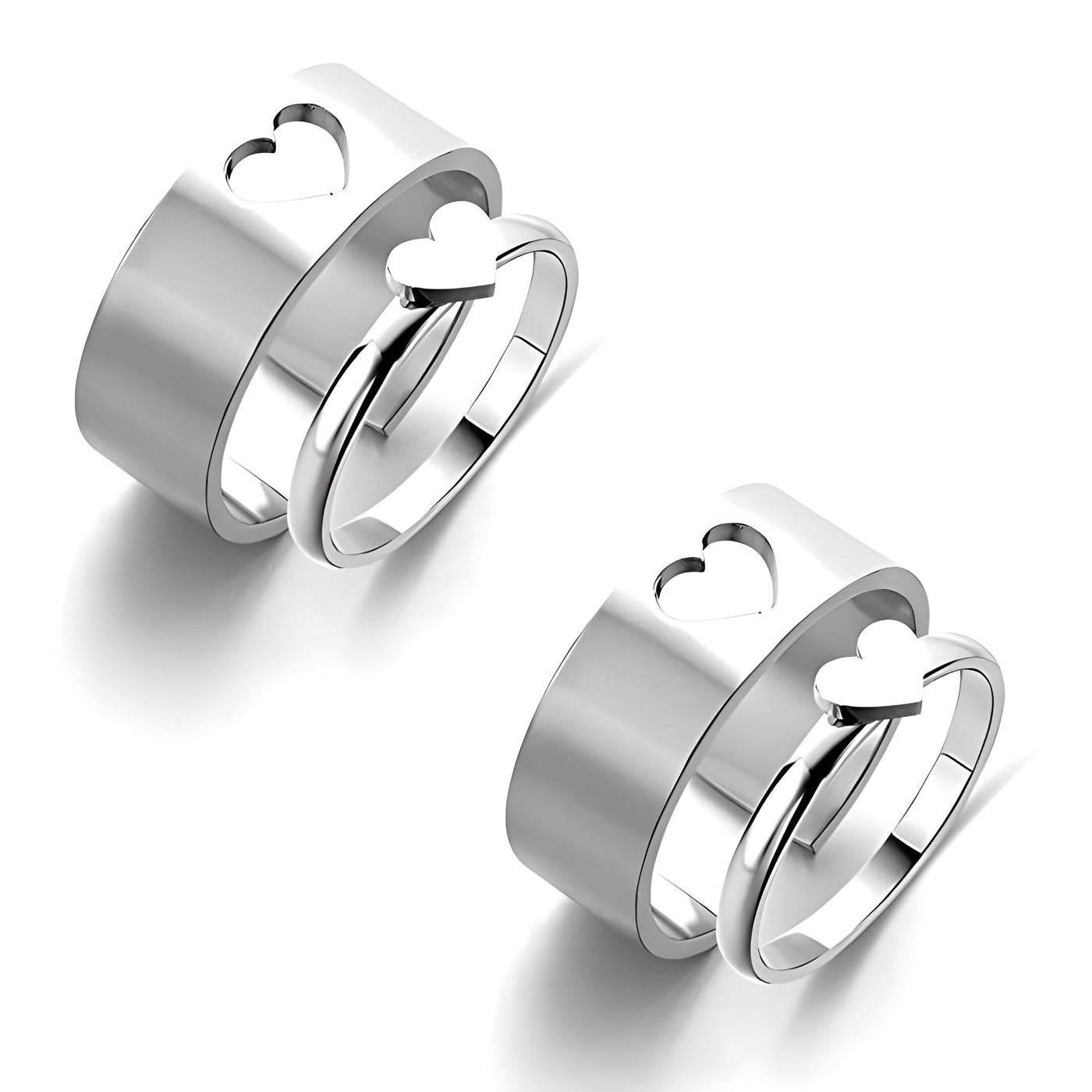 2 Elegant Silver-Plated Heart Couple Rings