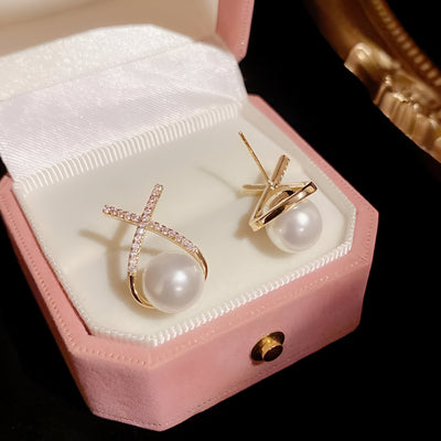 Eira Cross Pearl Stud Earrings
