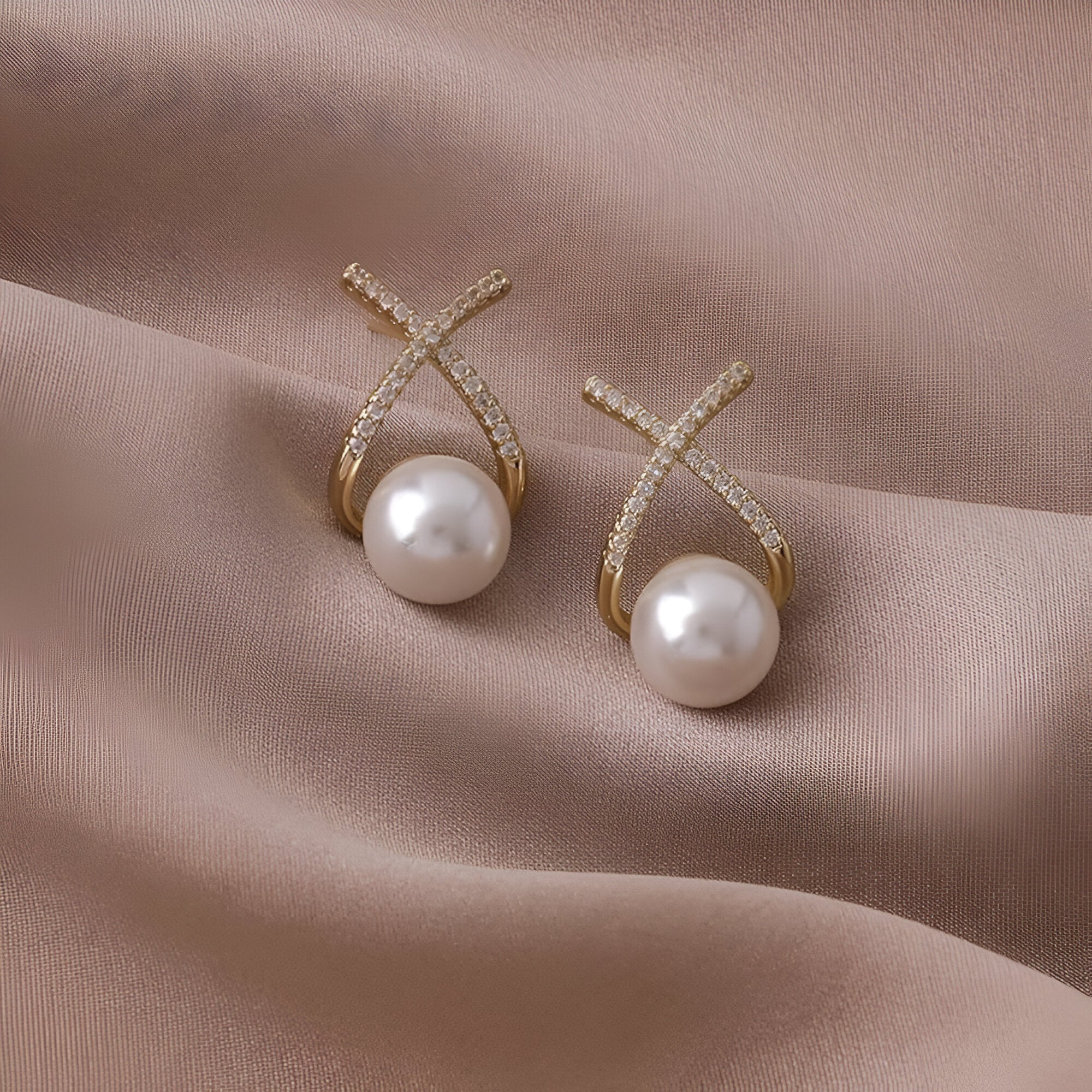Eira Cross Pearl Stud Earrings